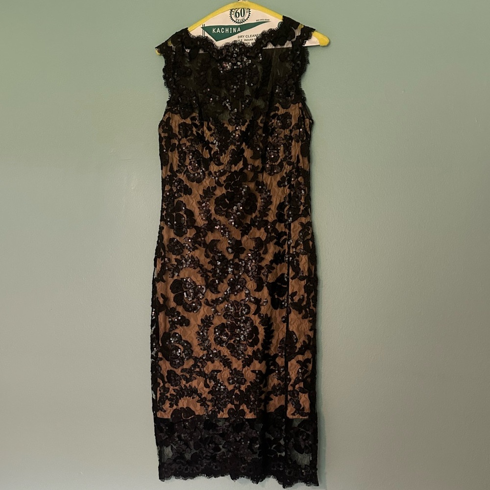 Tadashi Shoji Black & Nude Lace & Sequin Midi Dress